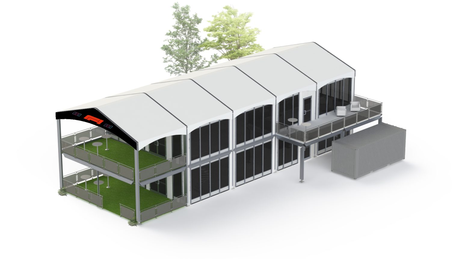 F1 Montreal double decker grand stand structure isometric 3D rendering showing full structure layout and spectator platforms