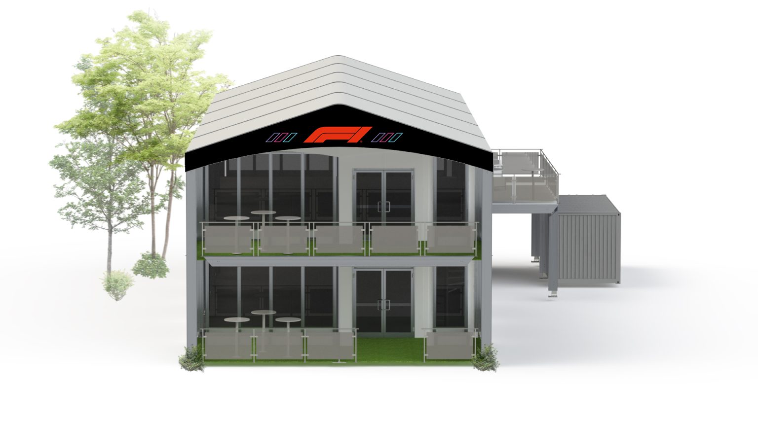 F1 Montreal double decker grand stand structure front elevation rendering showing two-level spectator seating design