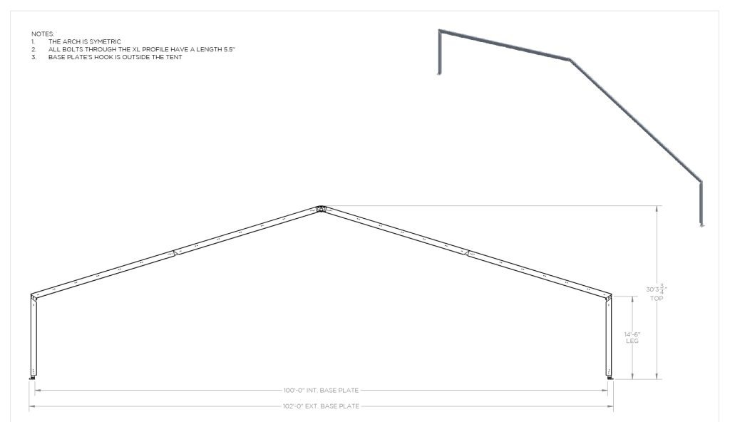 100’x Structure – 14.5′ Leg — technical diagram with dimensions